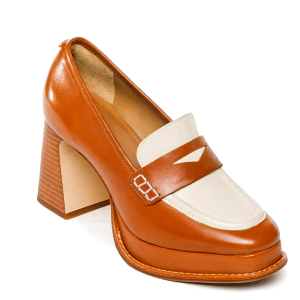 Bernardo real leather tan and white heels